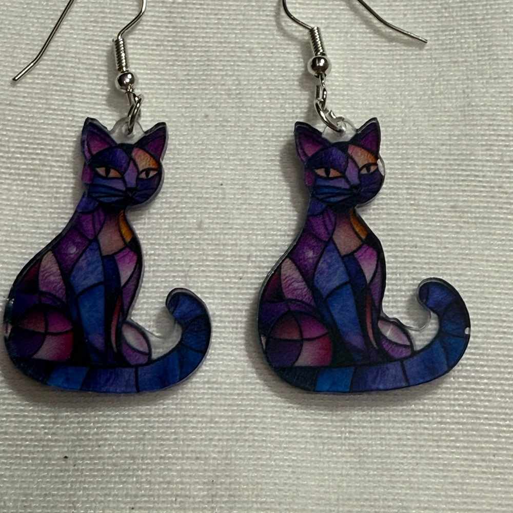 Purple and Blue Cat Earrings with Mosaic Design